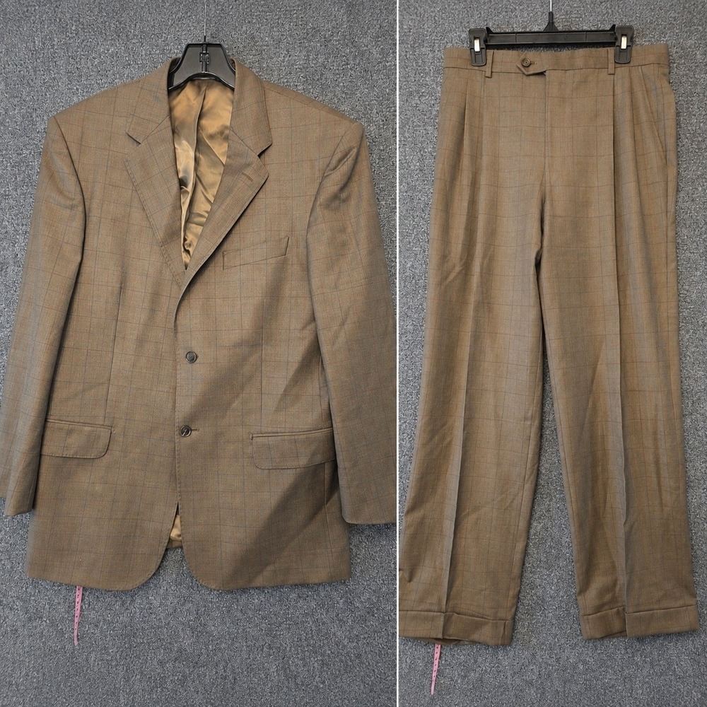 Pronto Uomo Suit Mens 40 34x29 Brown Wool Check 2 Piece Jacket Pants Formal